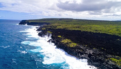 Aerial View Volcanic Coastline Black Rocks White Foam Waves