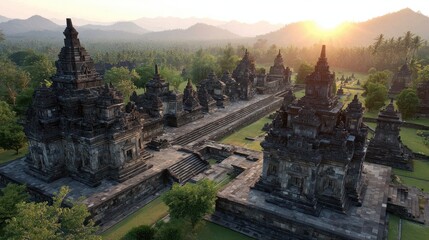 Ancient Stone Temples Surrounded by Lush Green Forest at Sunset