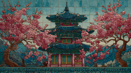 Gyeongbokgung Palace Amidst Blooming Cherry Blossoms - A Traditional Korean Scene