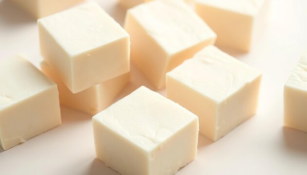 Soft, unpressed tofu cubes, pristine white background,  simple,  organic