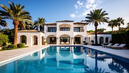 Elegant white Mediterranean-style villa with a sparkling blue pool. Palm trees frame the home under a clear sky, creating a luxurious and inviting atmosphere
