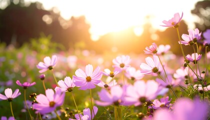 Obraz premium Lush field of cosmos flowers at sunset