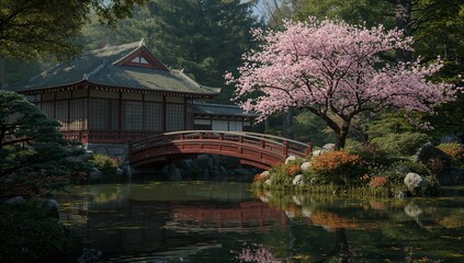 a serene japanese garden with cherry blossoms bridge and traditional pavilion