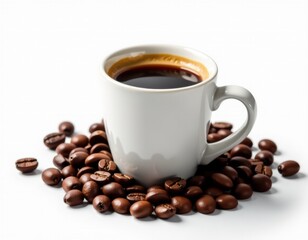 Fototapeta premium Fresh Black Coffee in White Mug with Roasted Coffee Beans on White