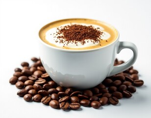 Hot Cappuccino in White Mug with Roasted Coffee Beans