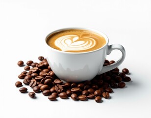 Fototapeta premium Delicious Latte with Heart Art and Roasted Coffee Beans on White