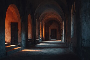 Obraz premium Serene Gothic Archway Corridor with Warm Light and Soft Shadows Perfect for Architectural and Atmospheric Photography Projects