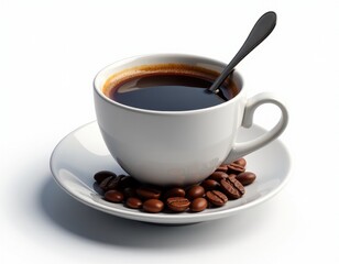 Black Coffee Cup with Roasted Beans on White Background