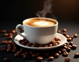 Steaming Hot Coffee Cup with Latte Art and Scattered Roasted Beans
