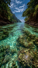 Fototapeta premium tropical lagoon surrounded by green cliffs and turquoise crystal clear waters