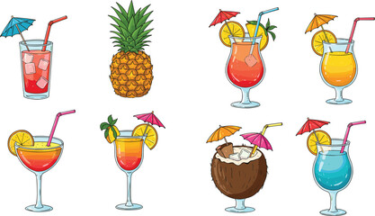 Colorful tropical summer cocktails, fresh pineapple, coconut drink, vibrant fruit beverages with umbrellas, ice cubes, lemon slices, refreshing drinks.