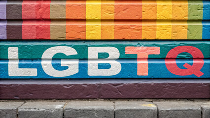 Pride street art features rainbow colors. Vibrant mural featuring the letters LGBTQ against a colorful brick background.
