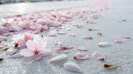 Scattered pink blossom petals lying on a smooth surface in natural light