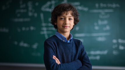 Smiling schoolboy with arms crossed standing confidently in front of chalkboard with math equations.
