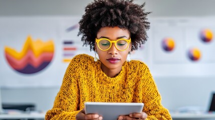 Focused businesswoman analyzing data on tablet modern office digital insights professional environment eye-level viewpoint