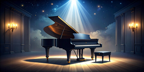 Grand piano brightly lit on a classical stage, ready for a mesmerizing musical performance. The dramatic spotlight and starry sky create an enchanting atmosphere, evoking elegance and artistic dreams