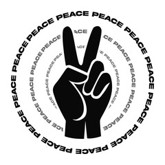 Victory Hand Gesture with Circular Peace Text Design