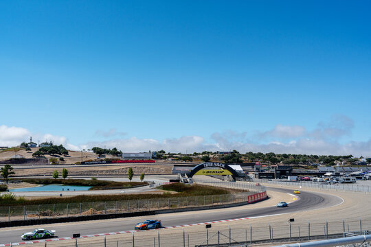 WeatherTech Raceway Laguna Seca, Monterey, California with Porsche cars racing on track
