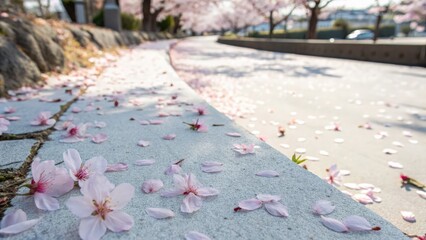 Scenic pathway adorned with cherry blossom petals in sunlit outdoor setting