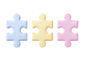 Three pastel-colored puzzle pieces, light blue, light yellow, and light pink, arranged horizontally