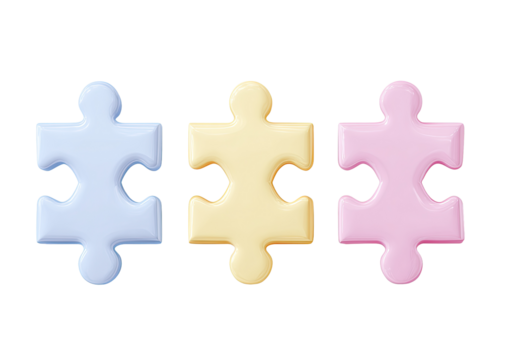 Three pastel-colored puzzle pieces, light blue, light yellow, and light pink, arranged horizontally - Powered by Adobe
