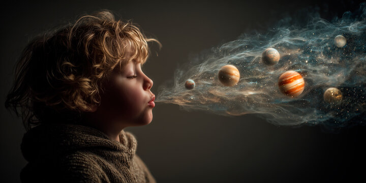 Un ni&ntilde;o soplando planetas en miniatura.