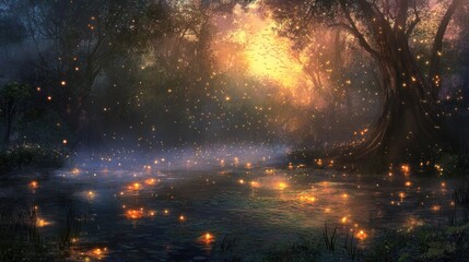 Magical forest pond at dawn