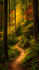 Obraz premium autumn forest with fallen leaves covering a quiet woodland trail