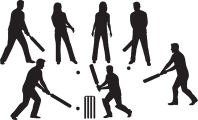 Naklejka premium Dynamic Cricket Player Silhouettes Set with Bat Ball and Wickets, Sport Game Vector Illustration