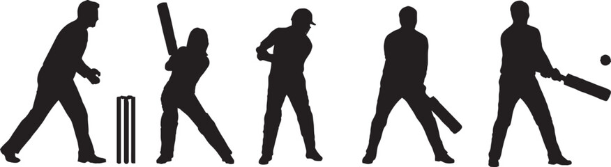 Cricket Player Silhouettes Vector Set Dynamic Batting Bowling Fielding Poses and Equipment