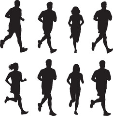 Set of Eight Dynamic Running People Silhouettes Vector Collection