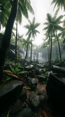 jungle waterfall surrounded by ferns and tropical plants with misty air
