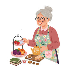 A charming illustration of a smiling elderly woman in an apron serving afternoon tea with a teapot, sandwiches, cookies, and a tiered tray of fresh fruit.