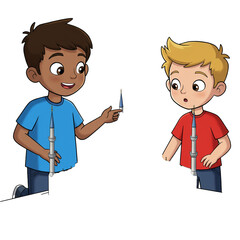 A diverse pair of elementary school learn about physics and fluid dynamics using a simple syringe setup, showcasing hands-on STEM education for children.