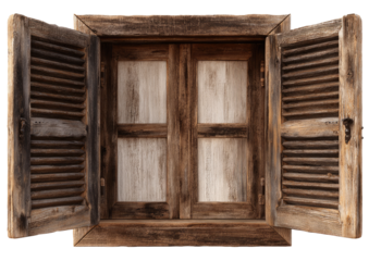 Rustic wooden window with shutters open