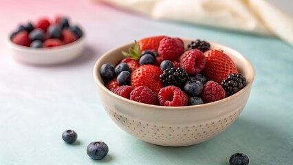Fresh mixed berries in a bowl with soft pastel background