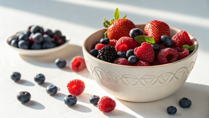 Fresh mixed berries in a decorative bowl with natural light