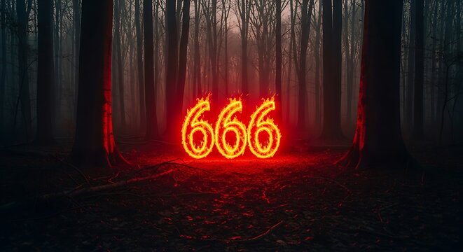 Glowing 666 Neon Sign in a Dark Spooky Forest.