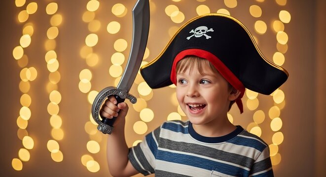 A young boy dressed as a pirate holding a sword with a blurred background