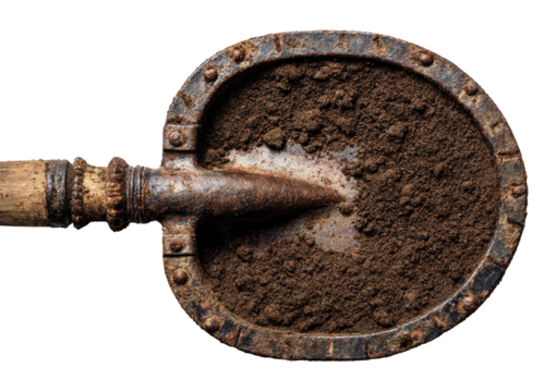 Rusty metal shovel filled with dark soil