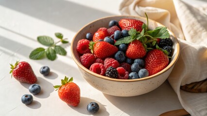 Fresh mixed berries in a bowl with natural lighting