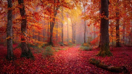 Autumn Forest Path Scene with Vibrant Red Orange Leaves in Misty Light