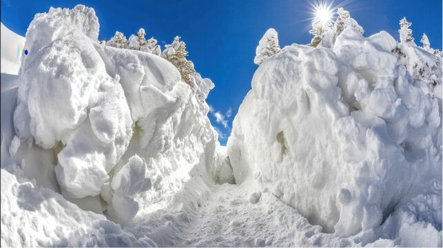 Snowfall action creates pathway in winter wonderland mountain landscape nature photography bright blue sky panoramic view