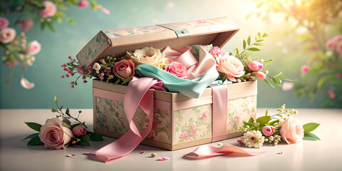 Romantic floral gift box with an abundance of soft pastel flowers and ribbons, bathed in gentle sunlight for a celebration