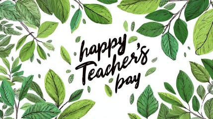 Teachers Day Typography Celebration Title Design with Decorative Leaves Swirls, Educational School Background for Poster, Card, Social Media Promotion
