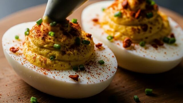 Delicious Deviled Eggs with Spices and Garnish on Wooden Surface