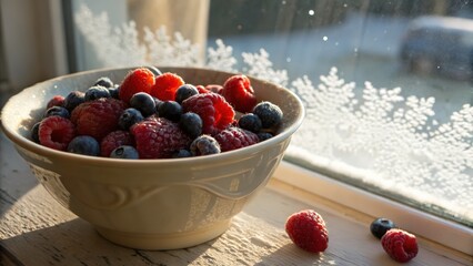 Fresh raspberries and blueberries in a bowl on a sunlit windowsill