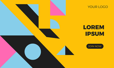 Modern geometric background design with vibrant abstract shapes in yellow, black, blue, and pink. Perfect for creative presentations, posters, flyers, digital ads, and web design