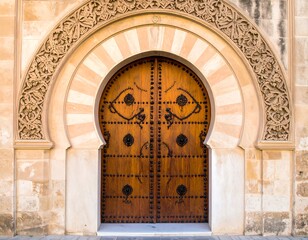 Ornate wooden door with intricate carvings in city