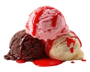 Three scoops of ice cream, stacked, drizzled with red syrup (1)